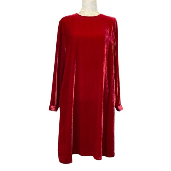 NWT Eileen Fisher The System Ruby Red Silk Velvet Knee Length Dress Size Large - Picture 1 of 16